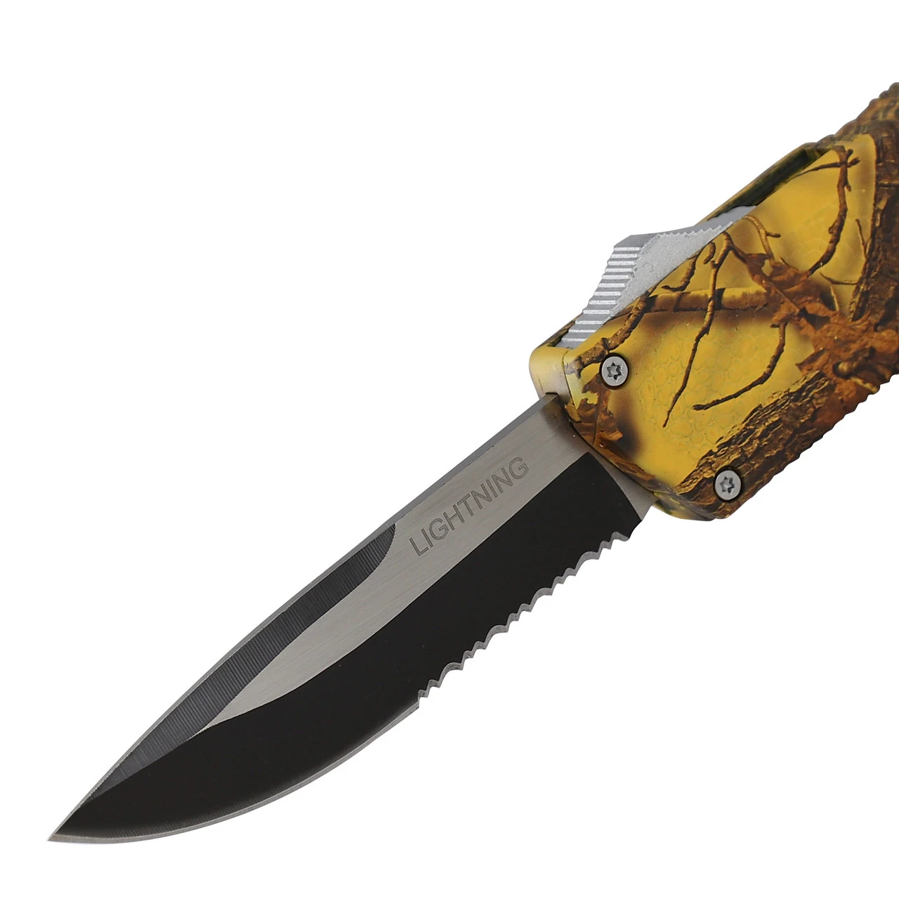 Real Tree Yellow Camouflage Lightning OTF Dual Action Knife 2 Real Tree Yellow Camouflage Lightning OTF Dual Action Knife - Image 2