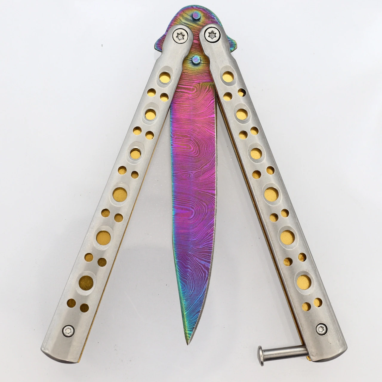 Copy Of Gold Panning Clip Point Balisong Butterfly Knife Flipper | Titanium Damascus Steel Blade | Drop Point 5 Copy Of Gold Panning Clip Point Balisong Butterfly Knife Flipper | Titanium Damascus Steel Blade | Drop Point - Image 5