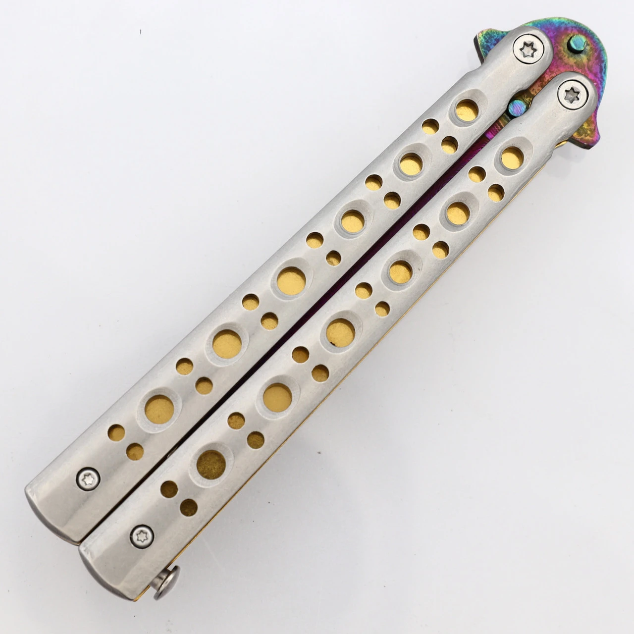 Copy Of Gold Panning Clip Point Balisong Butterfly Knife Flipper | Titanium Damascus Steel Blade | Drop Point 4 Copy Of Gold Panning Clip Point Balisong Butterfly Knife Flipper | Titanium Damascus Steel Blade | Drop Point - Image 4