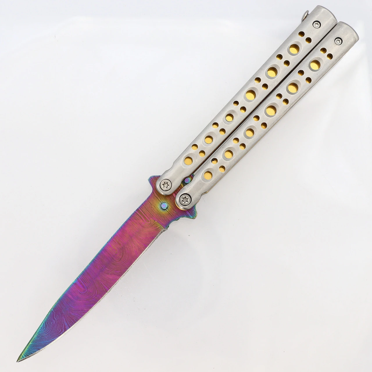 Copy Of Gold Panning Clip Point Balisong Butterfly Knife Flipper | Titanium Damascus Steel Blade | Drop Point 1 Copy Of Gold Panning Clip Point Balisong Butterfly Knife Flipper | Titanium Damascus Steel Blade | Drop Point