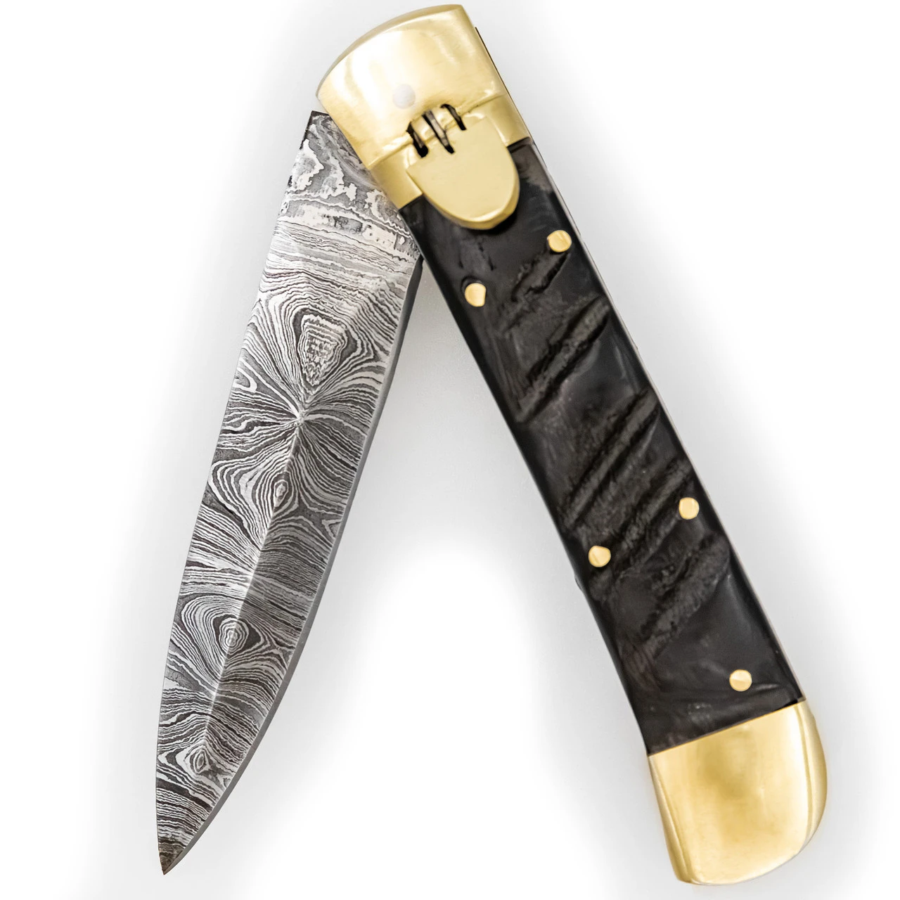 Hells Doorway Handmade Damascus Steel Automatic Lever Lock Knife 3 Hells Doorway Handmade Damascus Steel Automatic Lever Lock Knife - Image 3