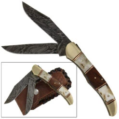 Double Bladed Stag Damascus Folding Knife -Knife & Sword DM88 55875.1564502846