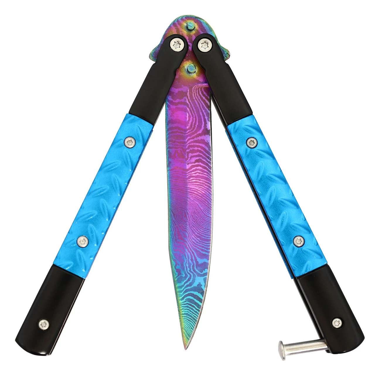 Azure Sky Butterfly Knife With Hard ABS Sheath | Titanium Damascus Steel | Drop Point Blade 2 Azure Sky Butterfly Knife With Hard ABS Sheath | Titanium Damascus Steel | Drop Point Blade - Image 2