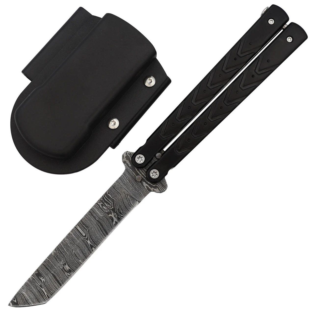 Black Butterfly Balisong Knife With Hard ABS Sheath | Tanto Point Blade | Damascus Steel 1 Black Butterfly Balisong Knife With Hard ABS Sheath | Tanto Point Blade | Damascus Steel