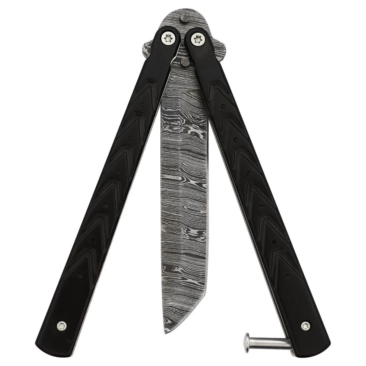 Black Butterfly Balisong Knife With Hard ABS Sheath | Tanto Point Blade | Damascus Steel 5 Black Butterfly Balisong Knife With Hard ABS Sheath | Tanto Point Blade | Damascus Steel - Image 5