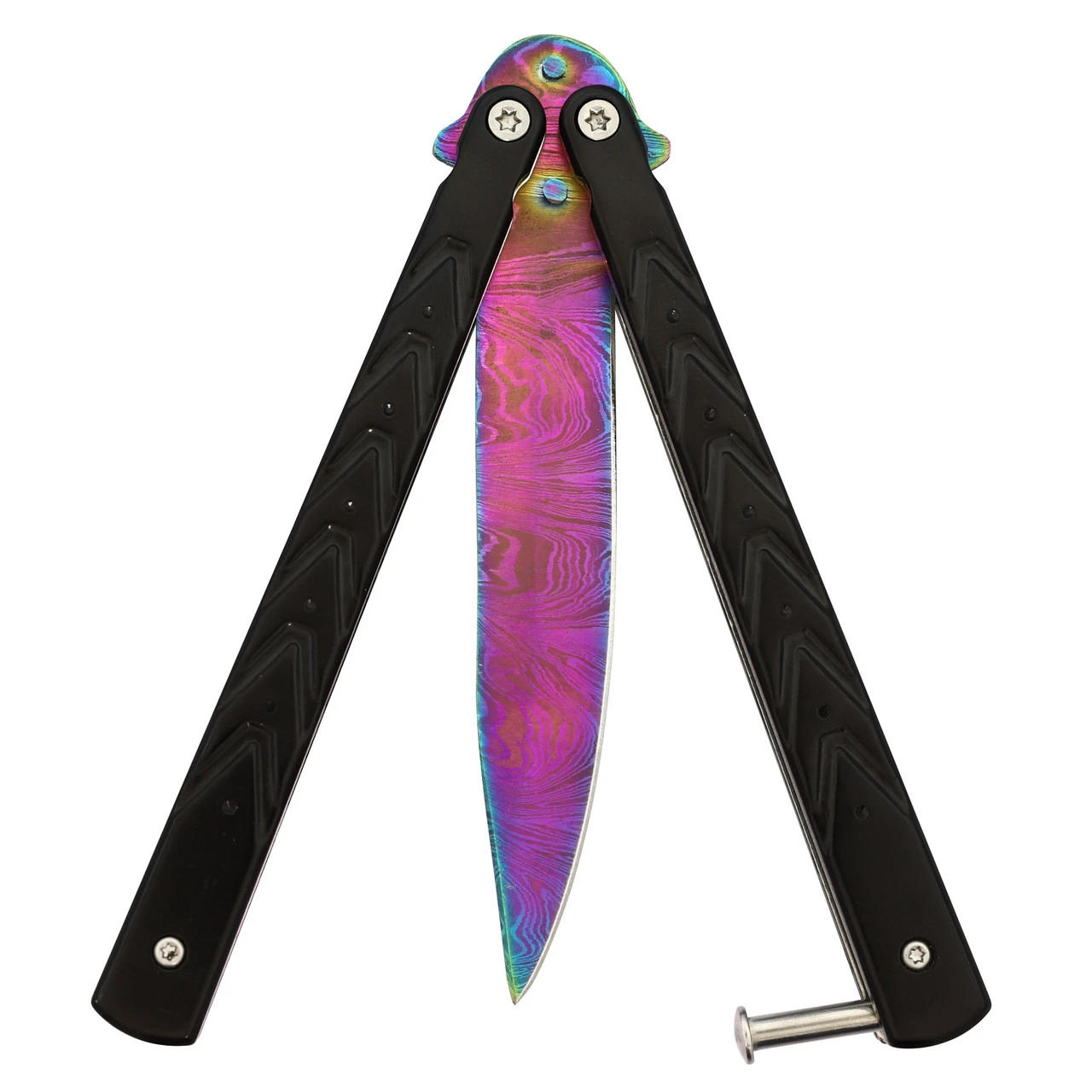 Black Butterfly Balisong Knife With Hard ABS Sheath | Drop Point Blade | Titanium Damascus Steel 4 Black Butterfly Balisong Knife With Hard ABS Sheath | Drop Point Blade | Titanium Damascus Steel - Image 4