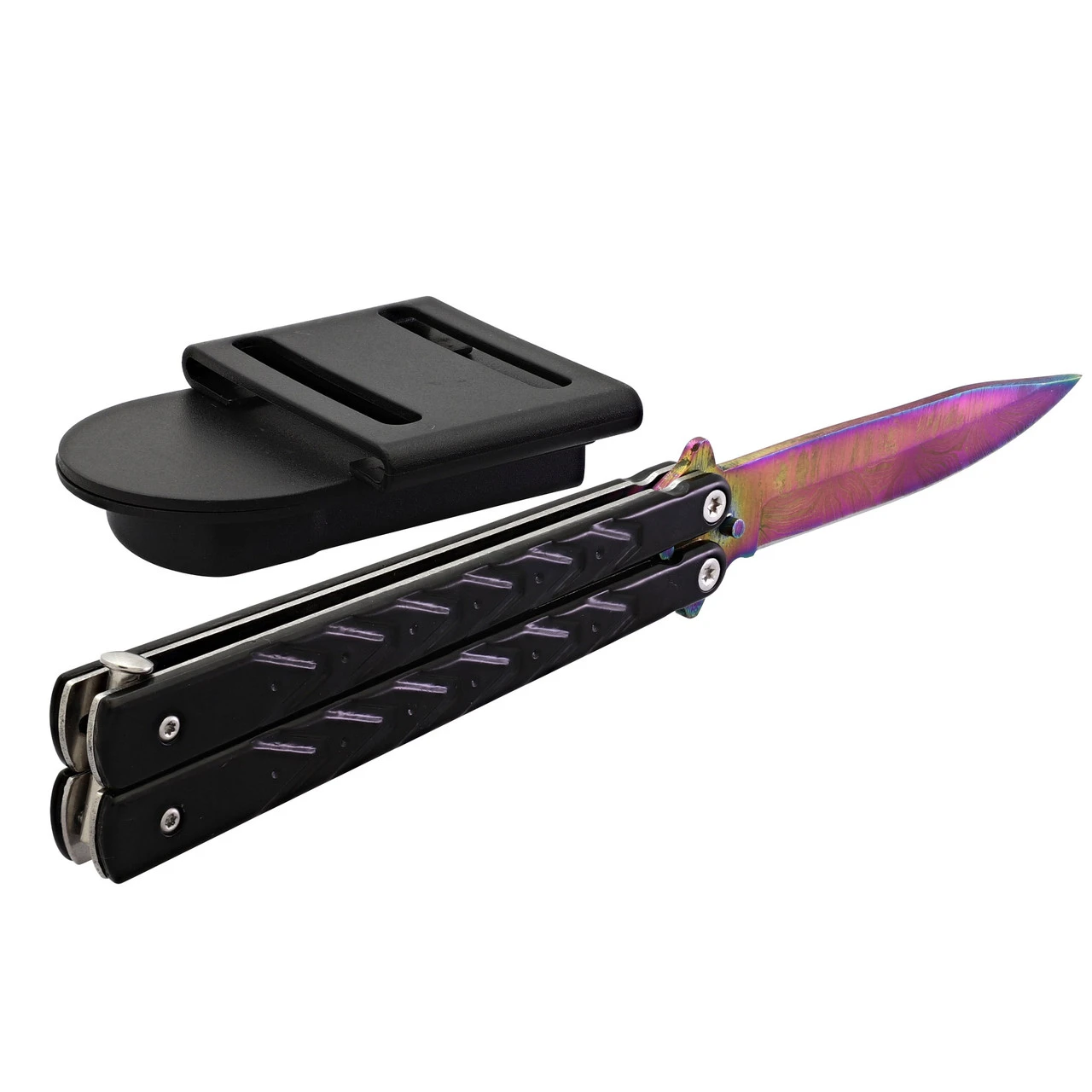 Black Butterfly Balisong Knife With Hard ABS Sheath | Drop Point Blade | Titanium Damascus Steel 2 Black Butterfly Balisong Knife With Hard ABS Sheath | Drop Point Blade | Titanium Damascus Steel - Image 2