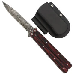 Micarta Simple Butterfly Red & Black Knife W/ ABS Belt Holster | Damascus Steel Blade | Drop Point