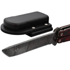 Micarta Simple Butterfly Red & Black Knife W/ ABS Belt Holster | Damascus Steel Blade | Tanto Point -Knife & Sword GBS49 D2 02 75278.1691424608