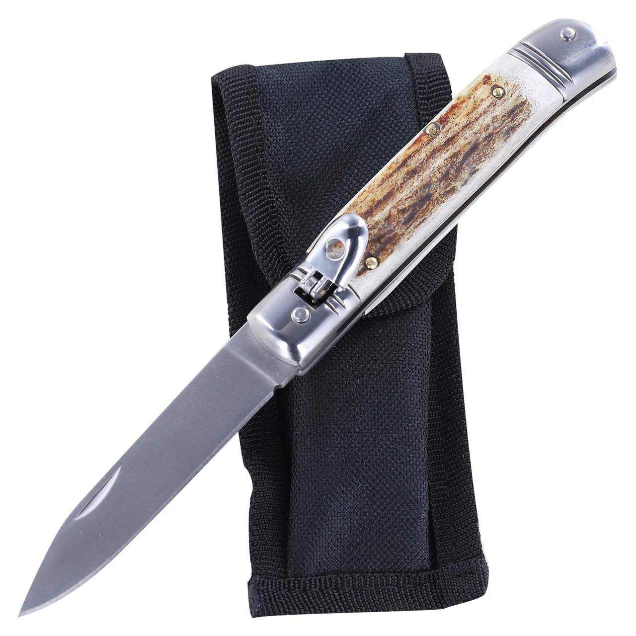 Ringing Forest Lever Lock Automatic Switchblade Knife With Real Stag Antler Handle 1 Ringing Forest Lever Lock Automatic Switchblade Knife With Real Stag Antler Handle