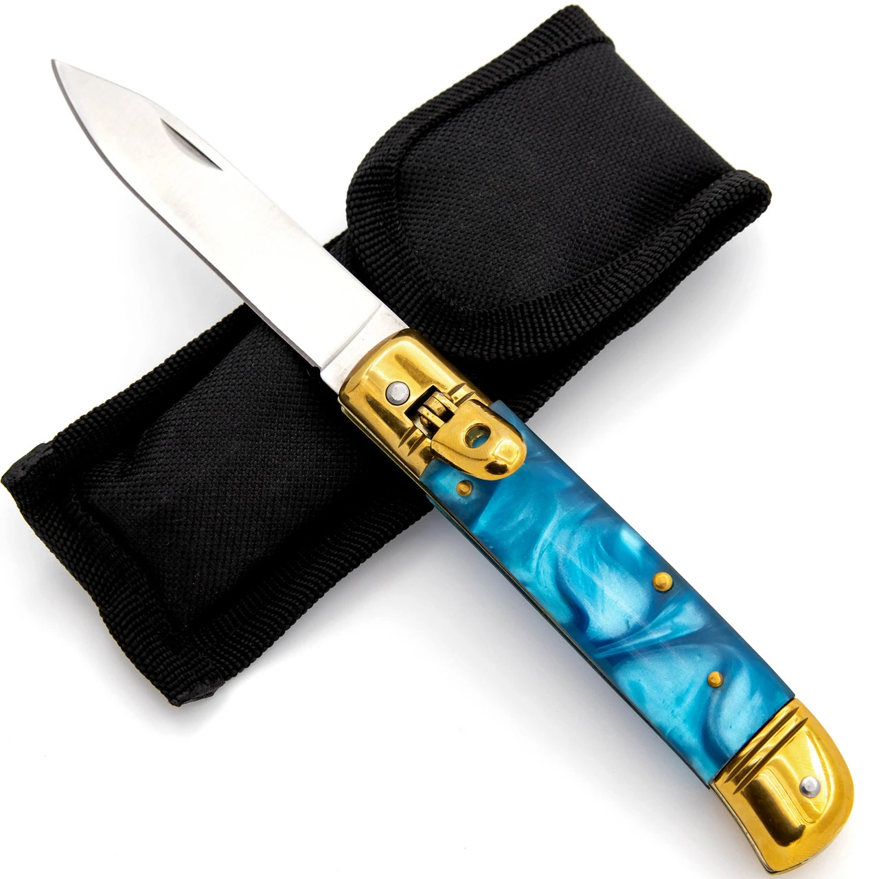 Elusive Horizon Switchblade Lever Lock Automatic Knife | Pearl Blue Handle & Gold Hardware 2 Elusive Horizon Switchblade Lever Lock Automatic Knife | Pearl Blue Handle & Gold Hardware - Image 2