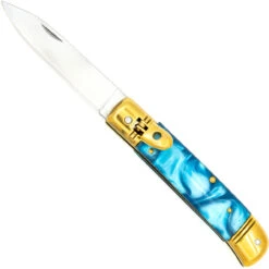 Elusive Horizon Switchblade Lever Lock Automatic Knife | Pearl Blue Handle & Gold Hardware
