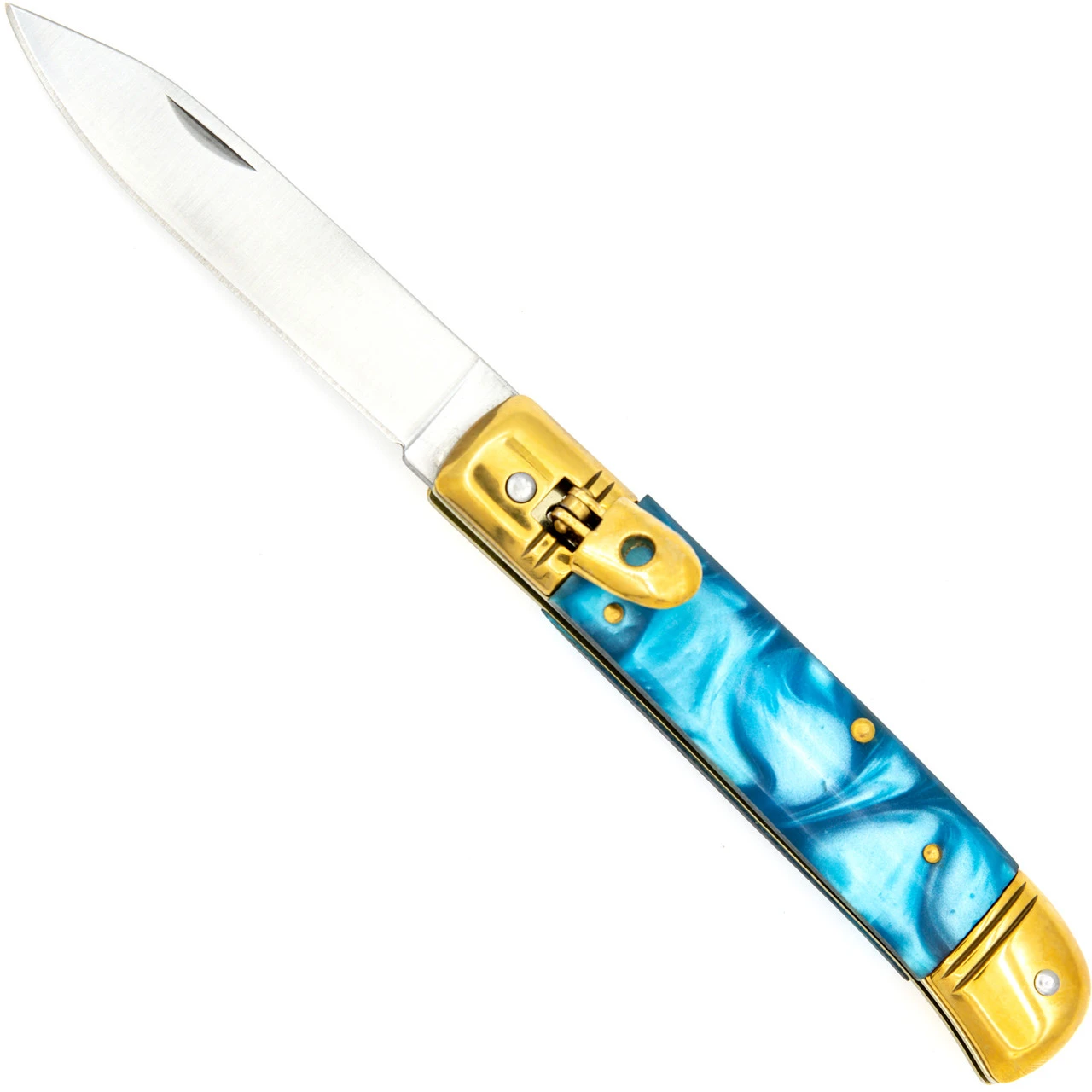 Elusive Horizon Switchblade Lever Lock Automatic Knife | Pearl Blue Handle & Gold Hardware 1 Elusive Horizon Switchblade Lever Lock Automatic Knife | Pearl Blue Handle & Gold Hardware