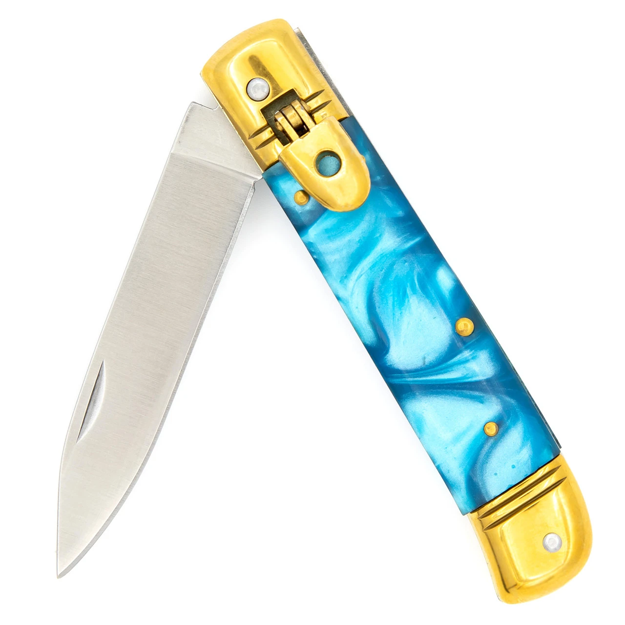 Elusive Horizon Switchblade Lever Lock Automatic Knife | Pearl Blue Handle & Gold Hardware 5 Elusive Horizon Switchblade Lever Lock Automatic Knife | Pearl Blue Handle & Gold Hardware - Image 5