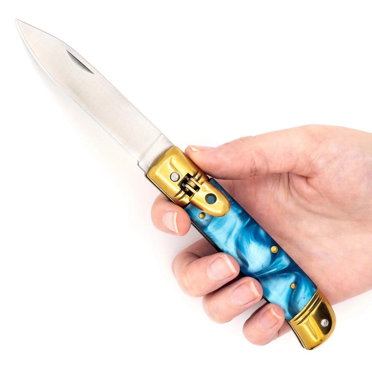Elusive Horizon Switchblade Lever Lock Automatic Knife | Pearl Blue Handle & Gold Hardware 6 Elusive Horizon Switchblade Lever Lock Automatic Knife | Pearl Blue Handle & Gold Hardware - Image 6