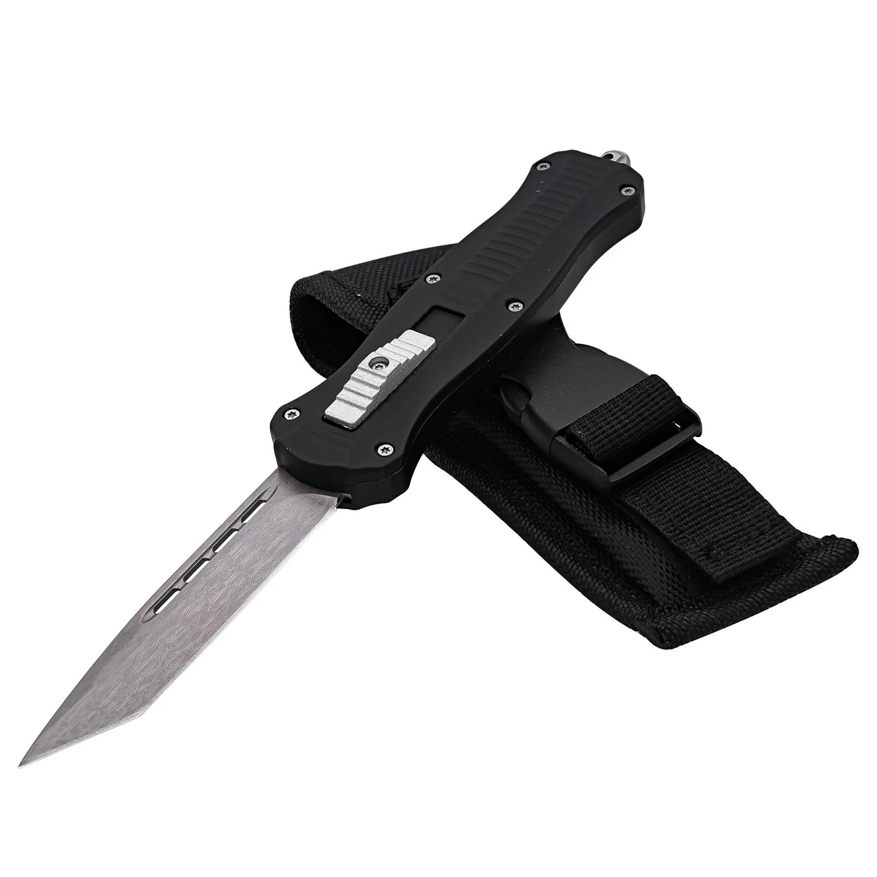 Moon In Heavens Automatic Tanto Damascus Blade OTF Knife W/ Matte Black Handle & Textured Center Switch 4 Moon In Heavens Automatic Tanto Damascus Blade OTF Knife W/ Matte Black Handle & Textured Center Switch - Image 4