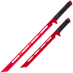 Blood Moon Full Tang Ninja Dual Wield Swords | Sharpened Tanto Straitblade Neon Red Cyberpunk Shinobi Lighteningcut Ninjato Set